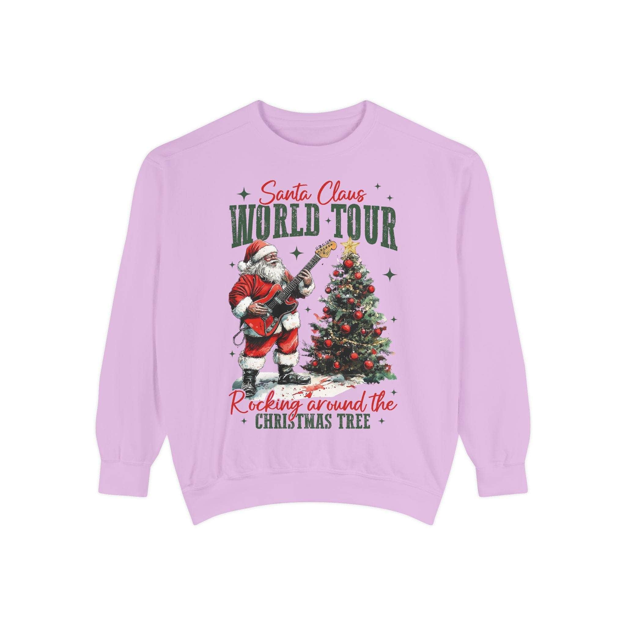 Pink sweatshirt rocking Santa Claus playing guitar next to Christmas tree holiday design