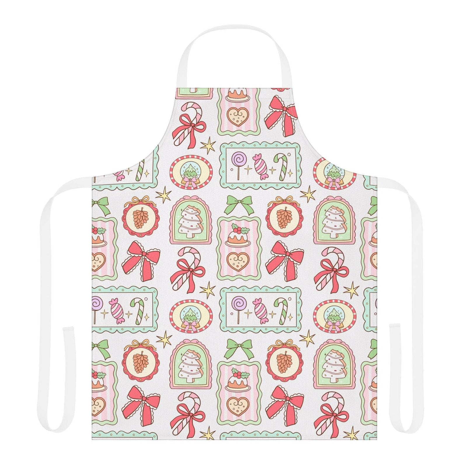 Retro Christmas Frames apron with festive bows and vintage holiday design on polyester fabric