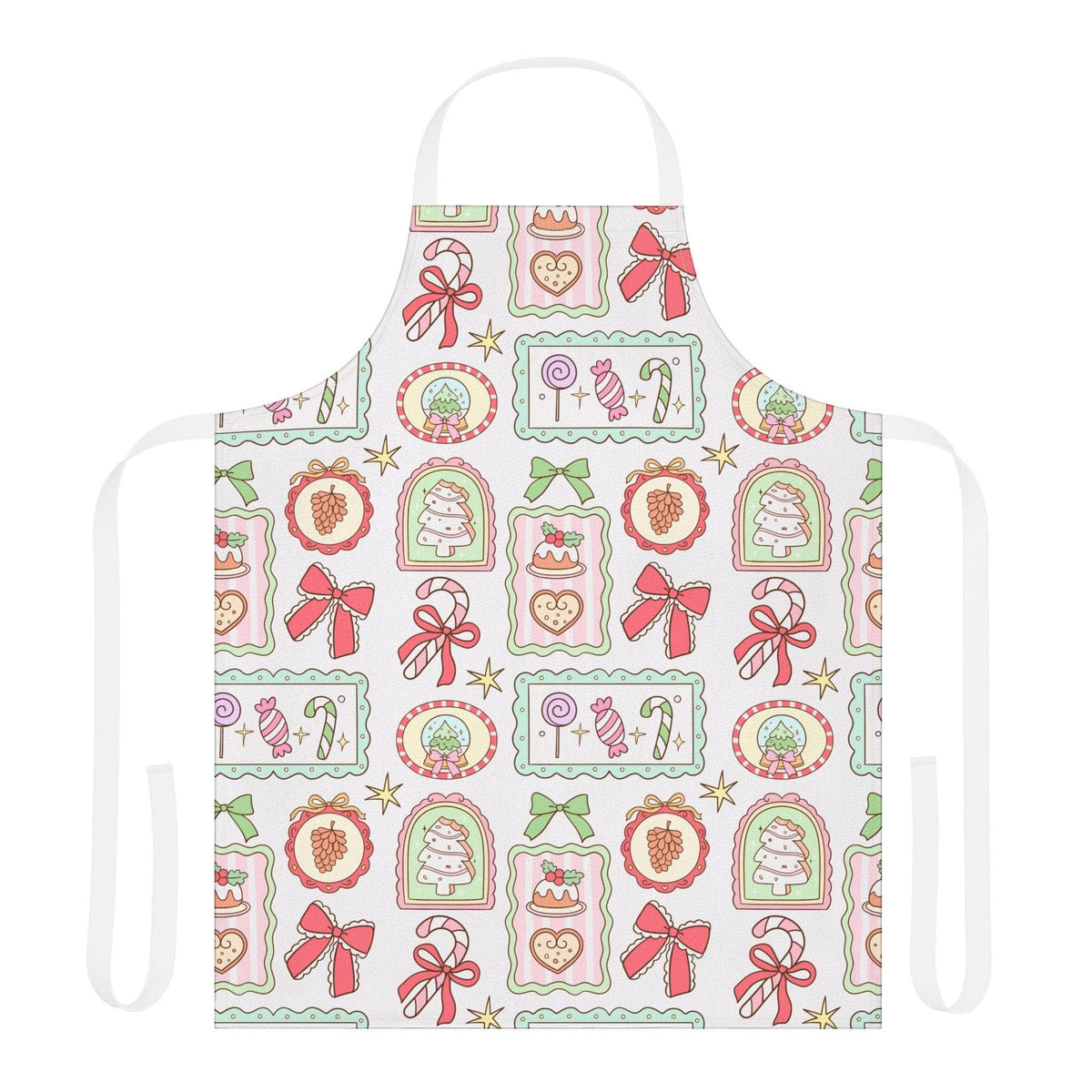 Retro Christmas Frames apron with festive bows and vintage holiday design on polyester fabric