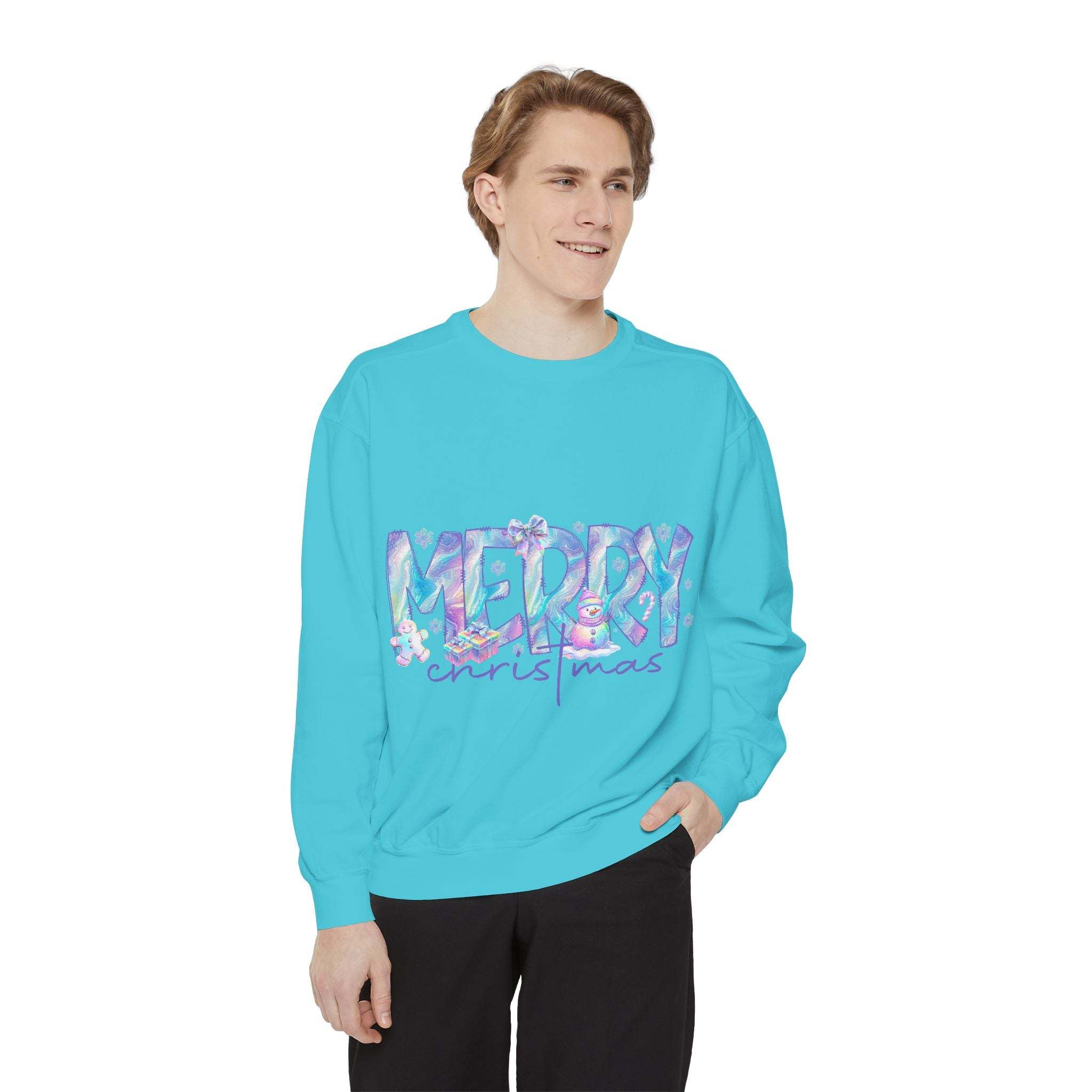 Man wearing bright blue sweatshirt with iridescent Merry Christmas design and floral accents