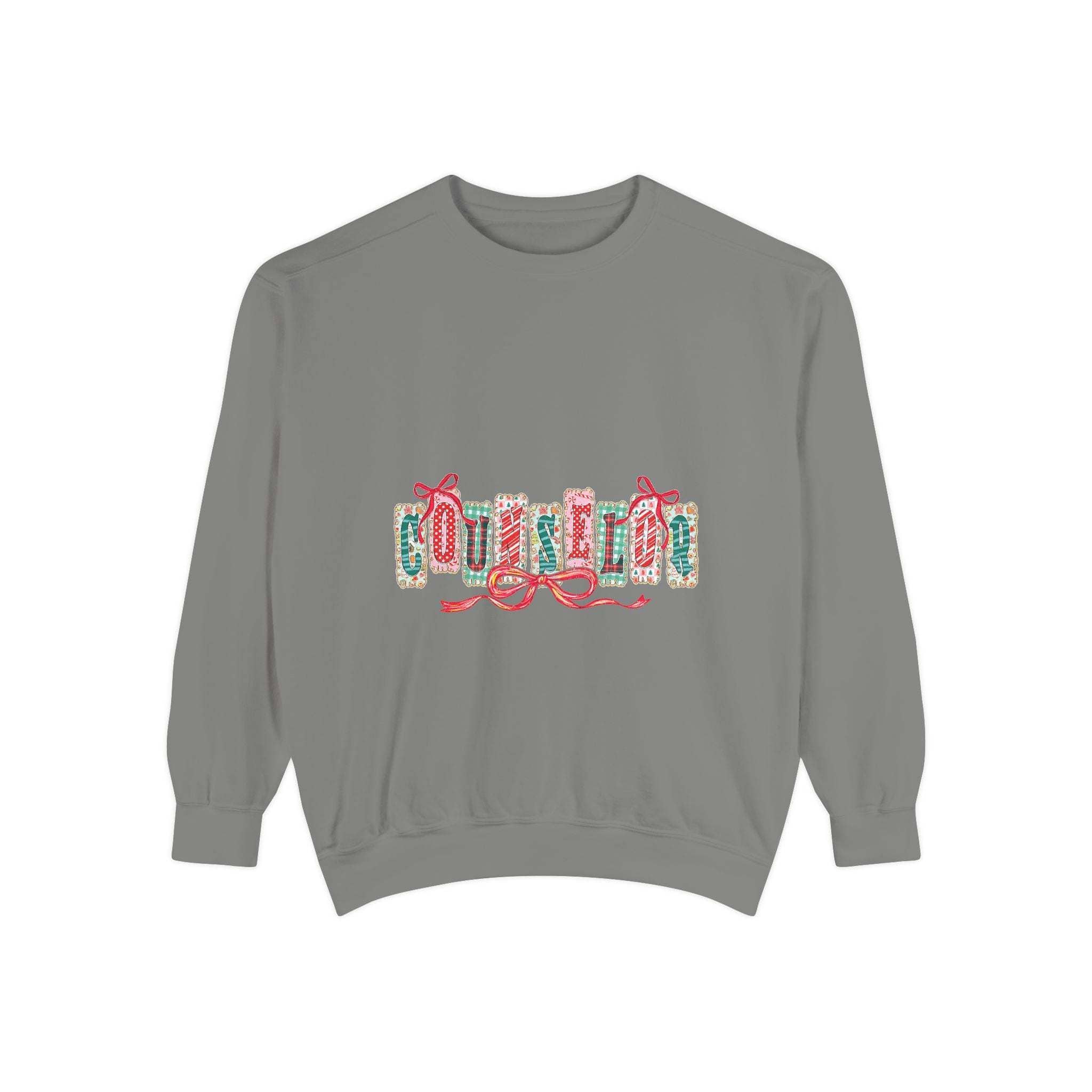 Garment-dyed True Navy sweatshirt with festive Christmas design, perfect for holiday gifting, by Printify