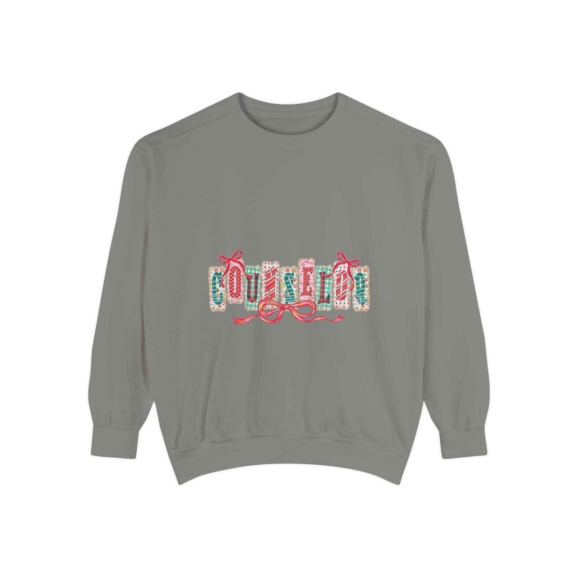 Garment-dyed True Navy sweatshirt with festive Christmas design, perfect for holiday gifting, by Printify
