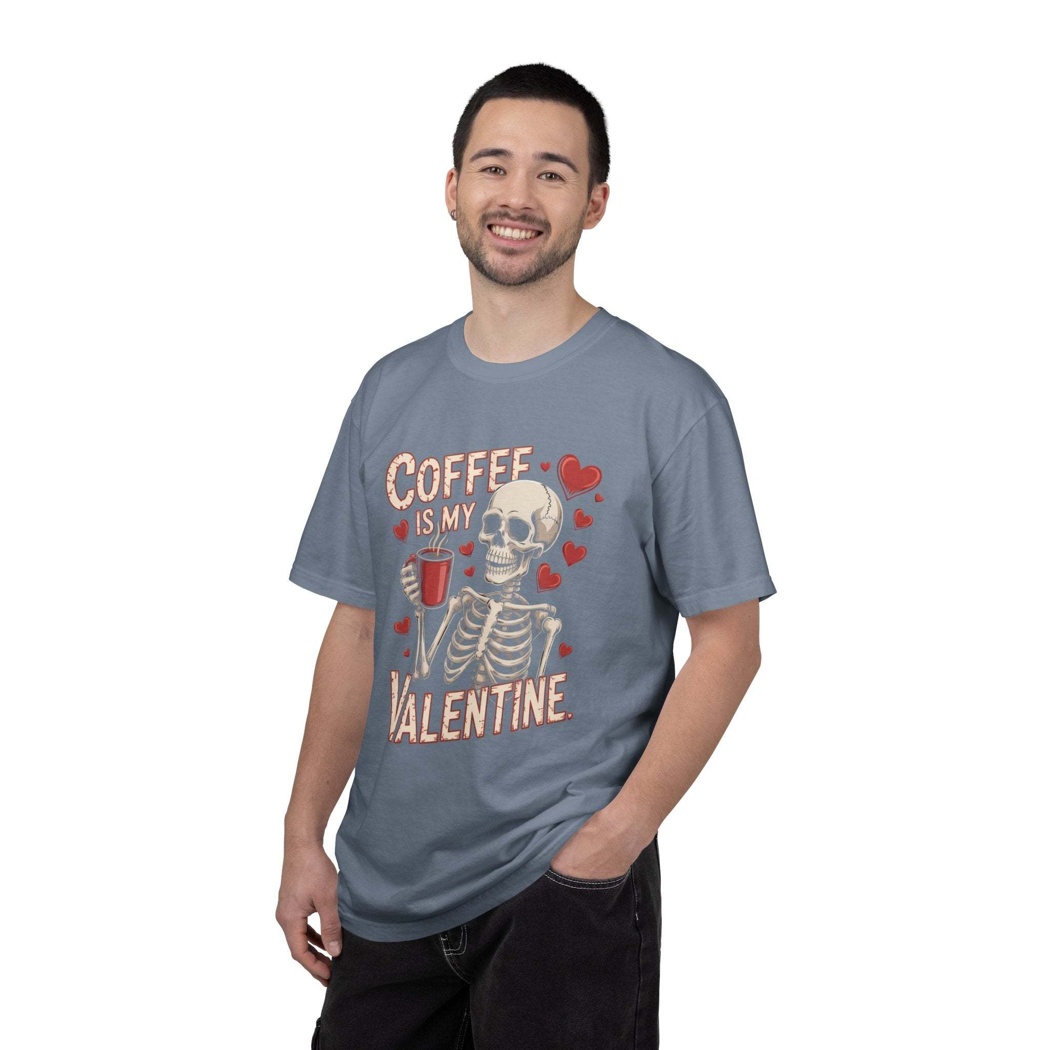 Coffee Is My Valentine skeleton graphic vintage-washed t-shirt with relaxed fit