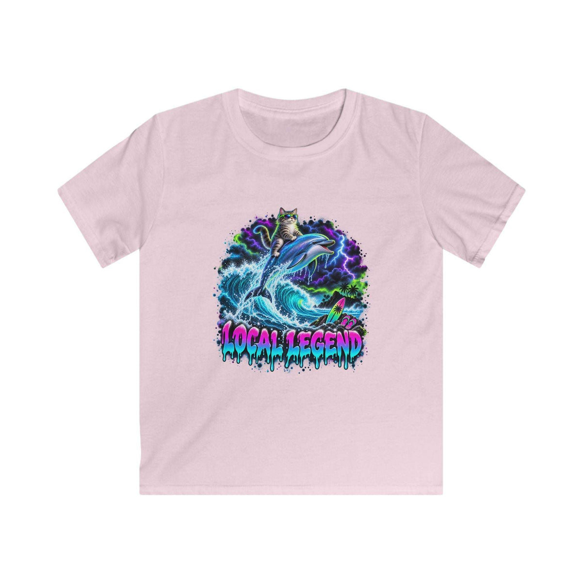 A light pink short-sleeve t-shirt with a colorful graphic of a shark and waves, featuring the text 'LOCAL LEGEND' in a dripping neon style.