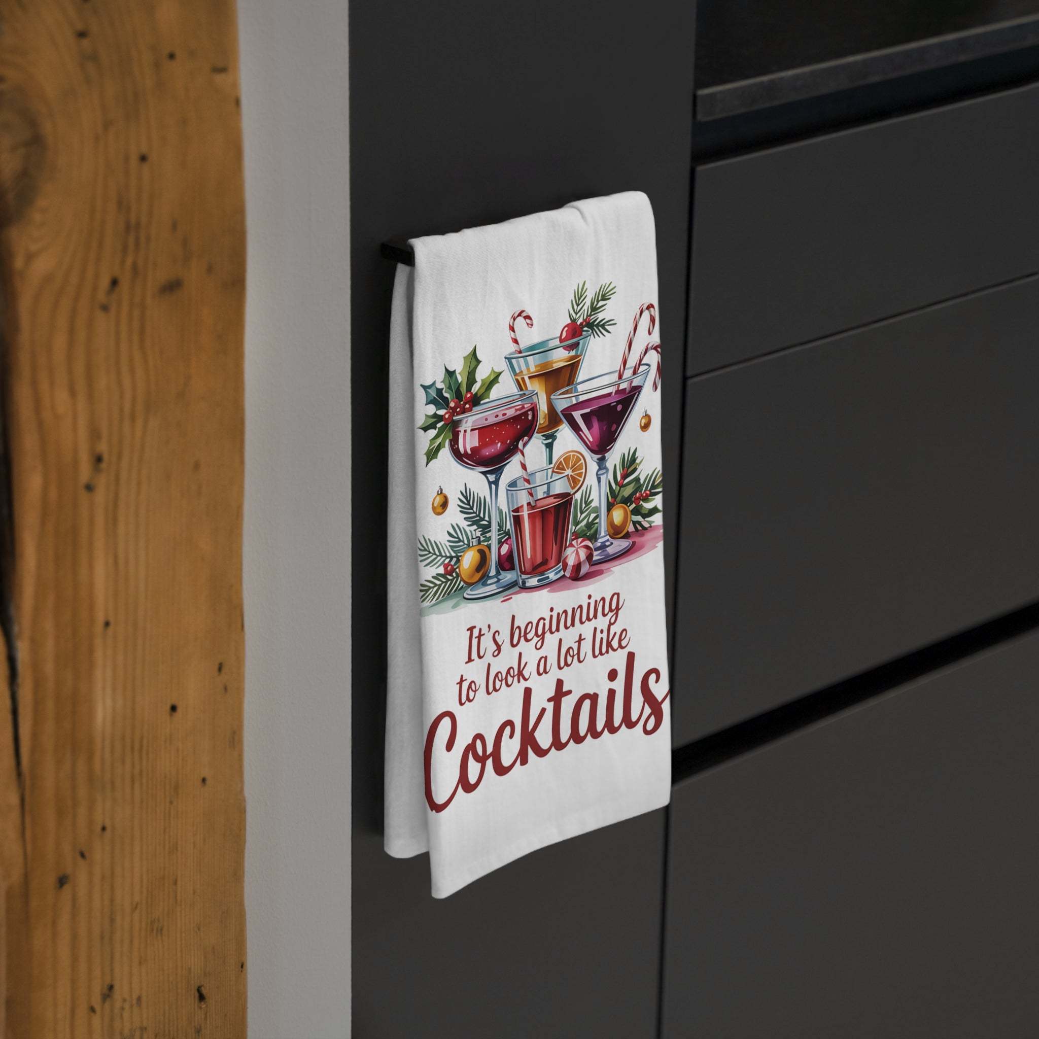 Festive Tea Towel with "It's Beginning to Look a Lot Like Cocktails" design for kitchen décor and entertaining