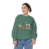 White vintage varsity Merry Christmas sweatshirt by Printify, featuring festive holiday lettering