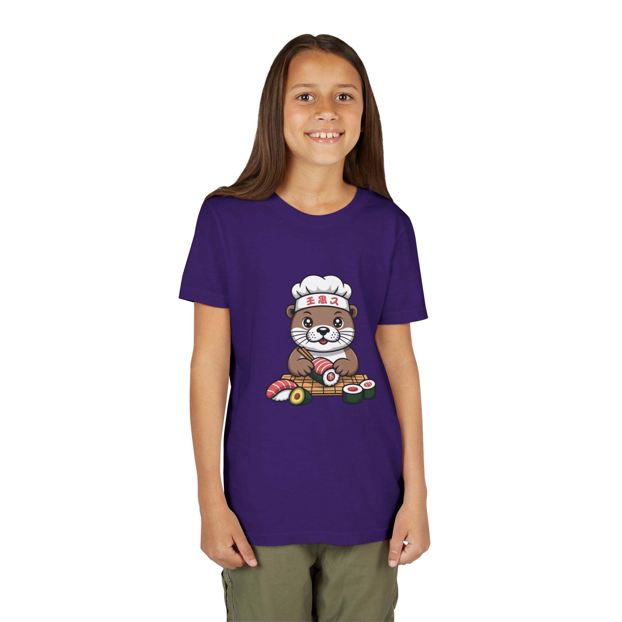 Cute Otter Sushi Chef graphic on a youth tee shirt for kids.