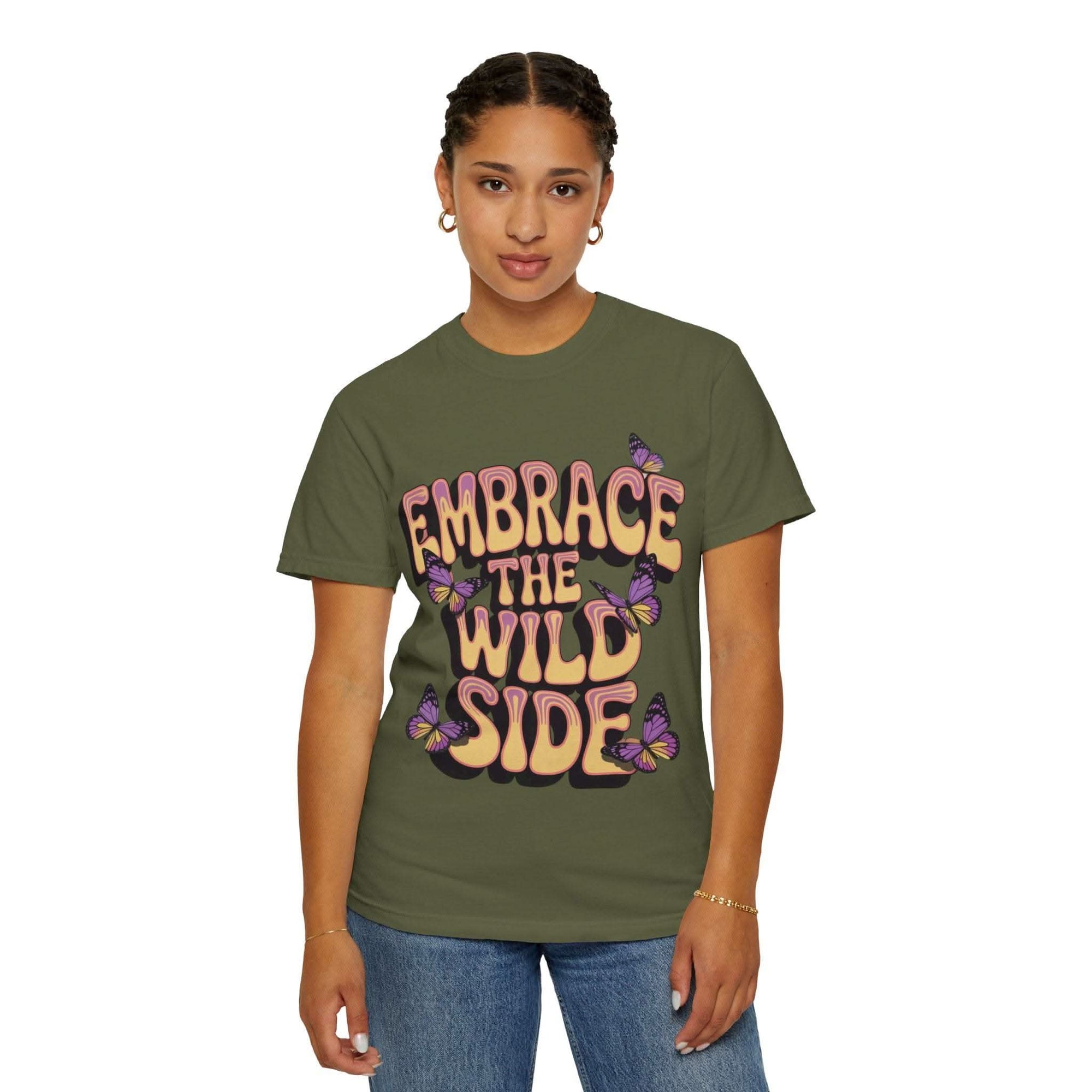Unisex olive garment-dyed T-shirt with "Embrace the Wild Side" print and butterfly design