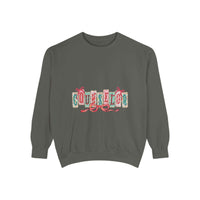 Garment-dyed True Navy sweatshirt with festive Christmas design, perfect for holiday gifting, by Printify
