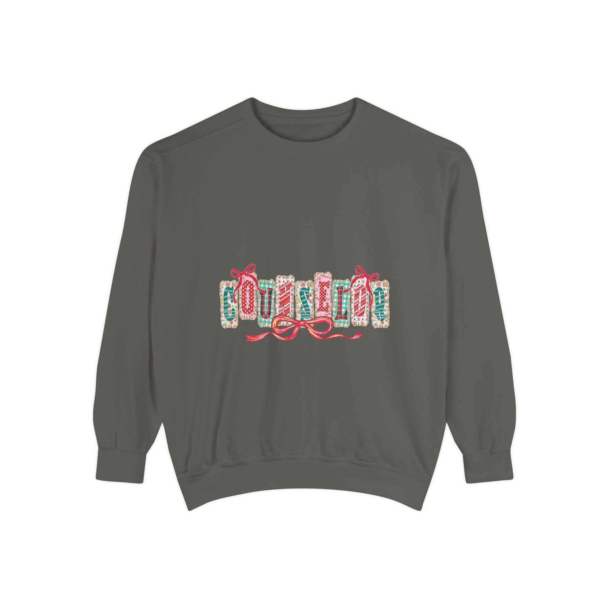 Garment-dyed True Navy sweatshirt with festive Christmas design, perfect for holiday gifting, by Printify