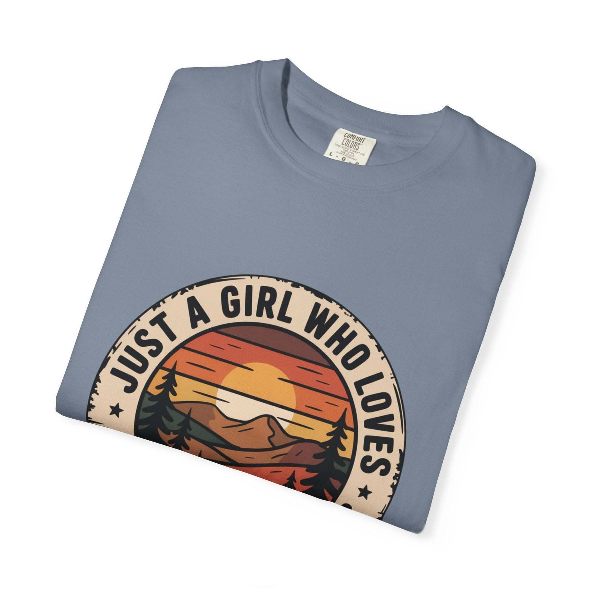 National Parks T-Shirt with "Just a Girl Who Loves National Parks" text on soft garment-dyed cotton tee