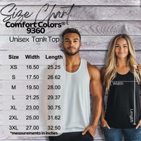 Unisex tank top size chart showing width and length measurements in inches for Comfort Colors 9360 style