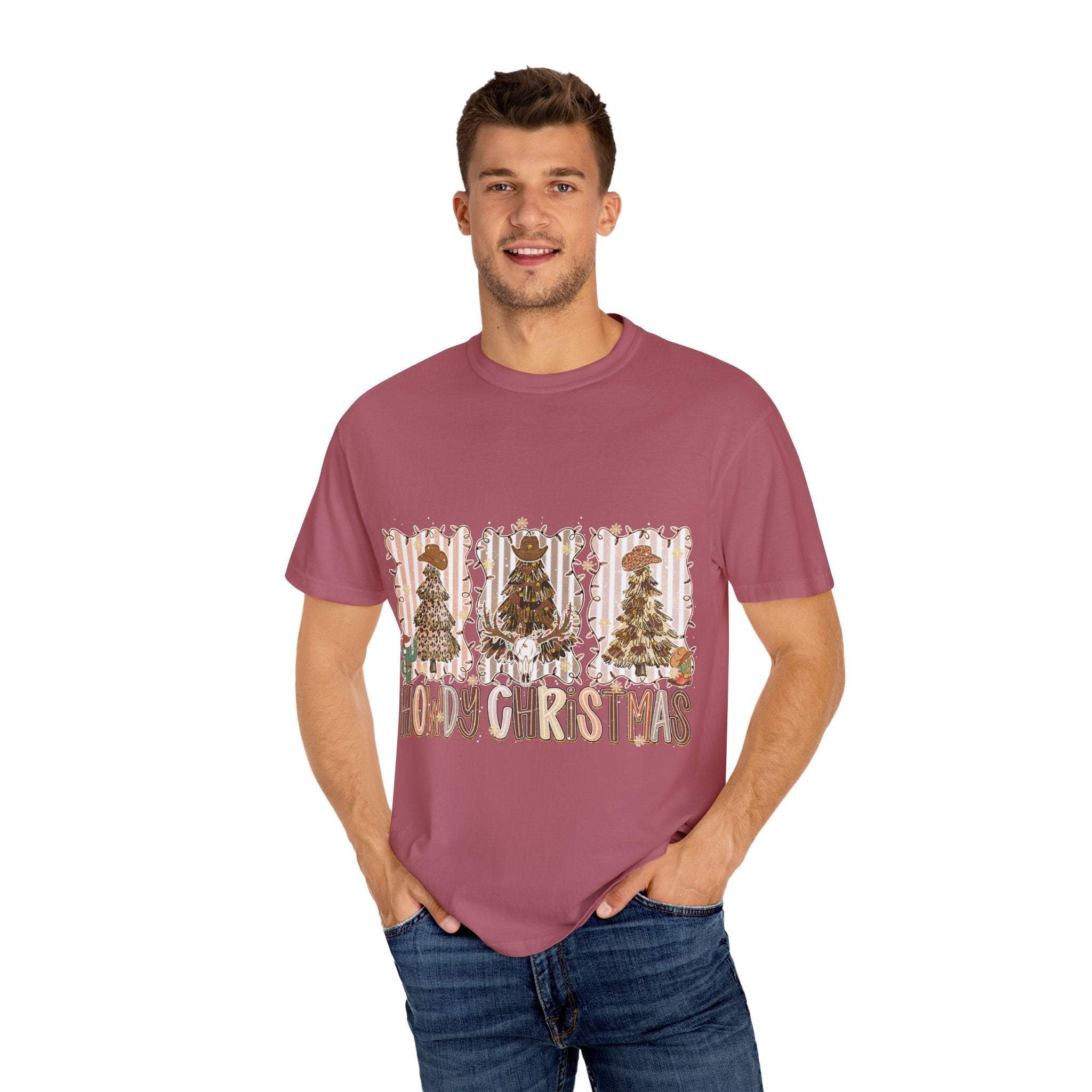 Man wearing maroon Cowboy Howdy Christmas t-shirt with festive holiday trees design