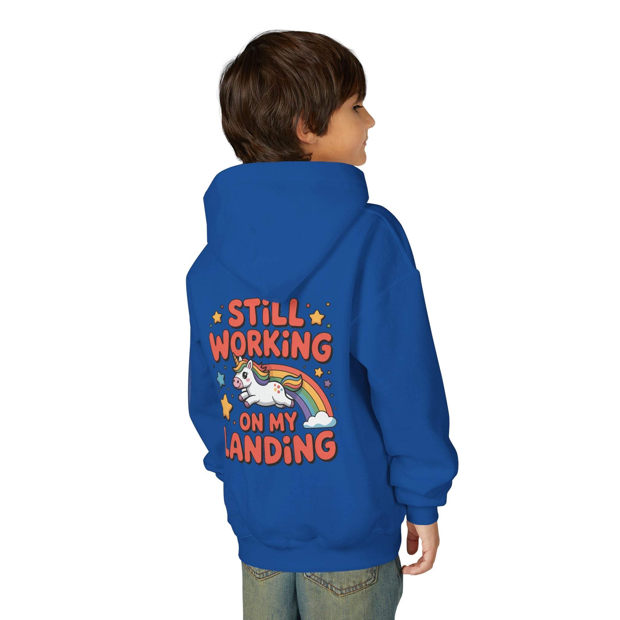 Still Working On My Landing Hoodie | Kids Unicorn Rainbow Design