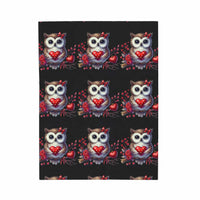 Floral Valentine Owl plush velveteen blanket with heart and blossoms design
