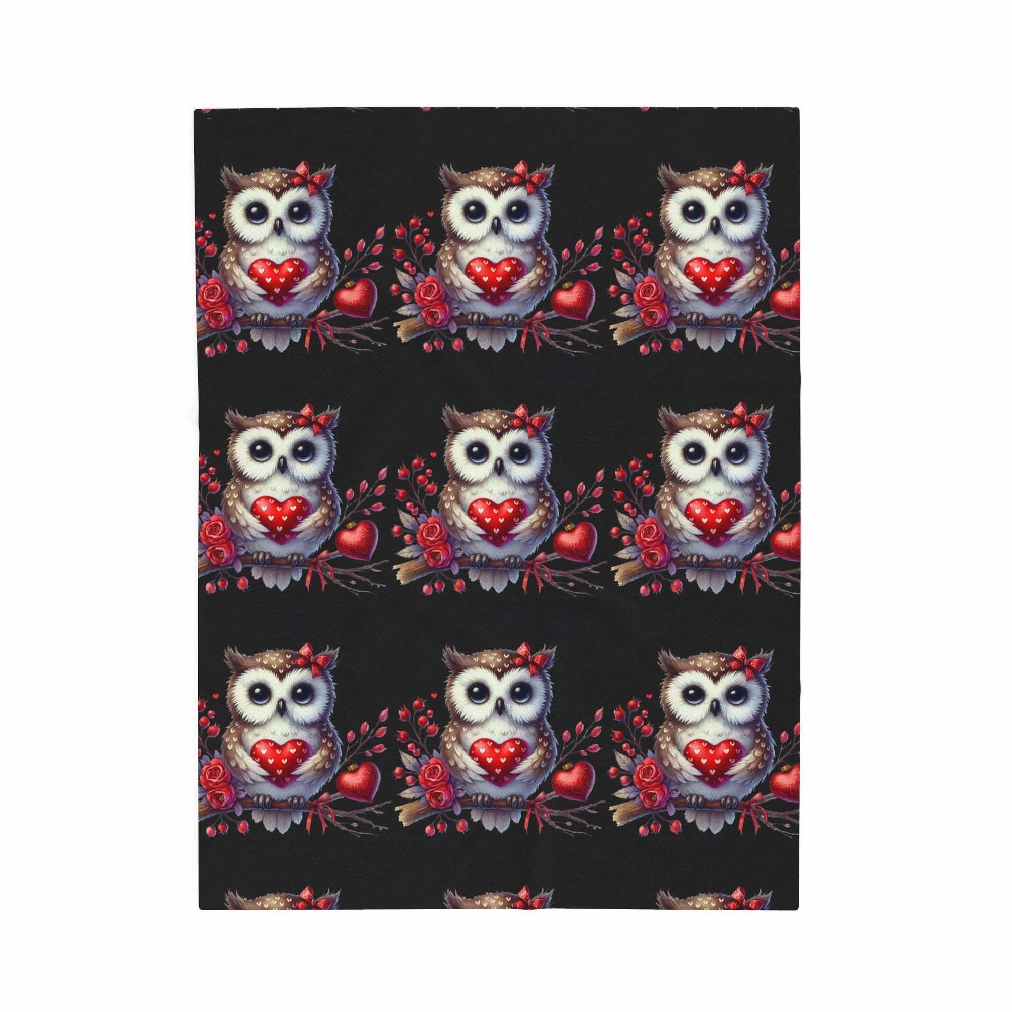 Floral Valentine Owl plush velveteen blanket with heart and blossoms design
