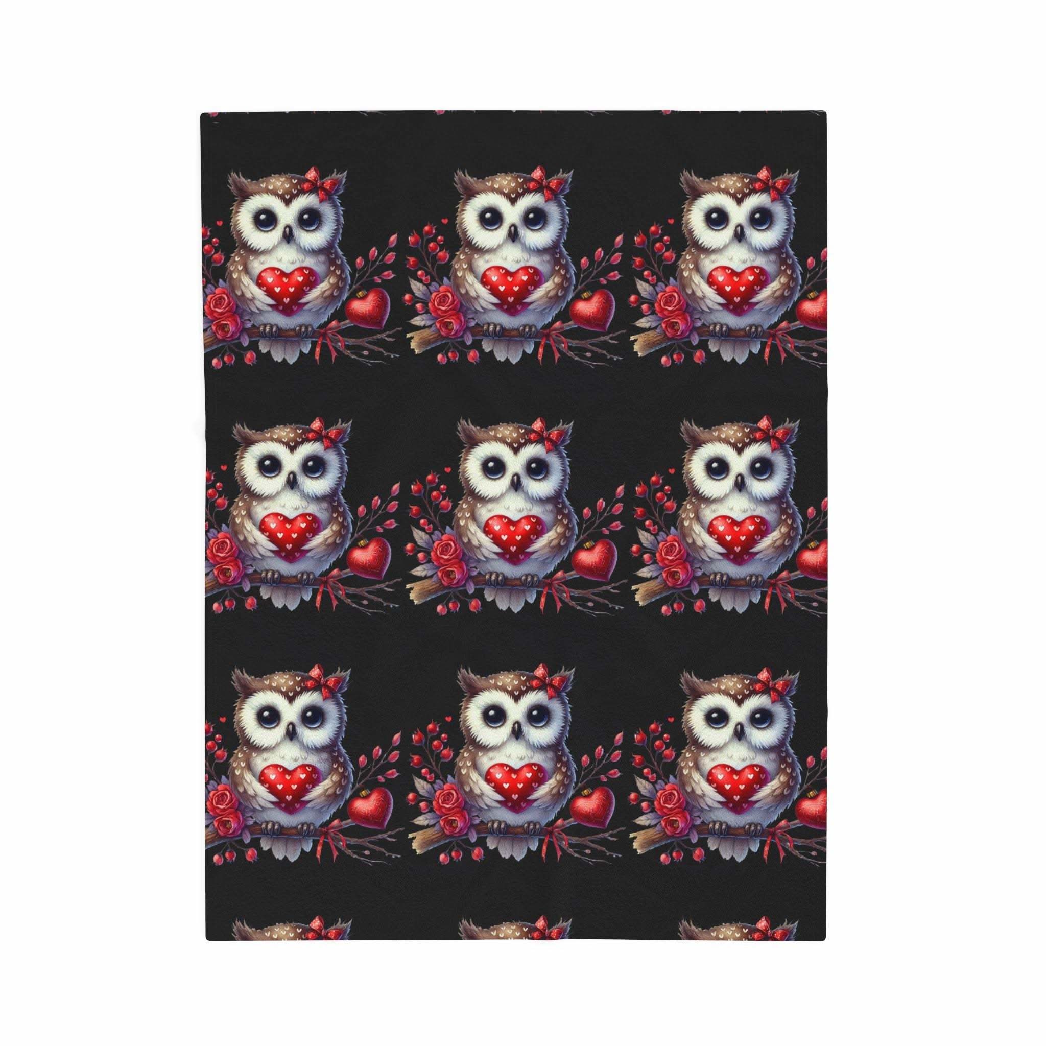 Floral Valentine Owl plush velveteen blanket with heart and blossoms design