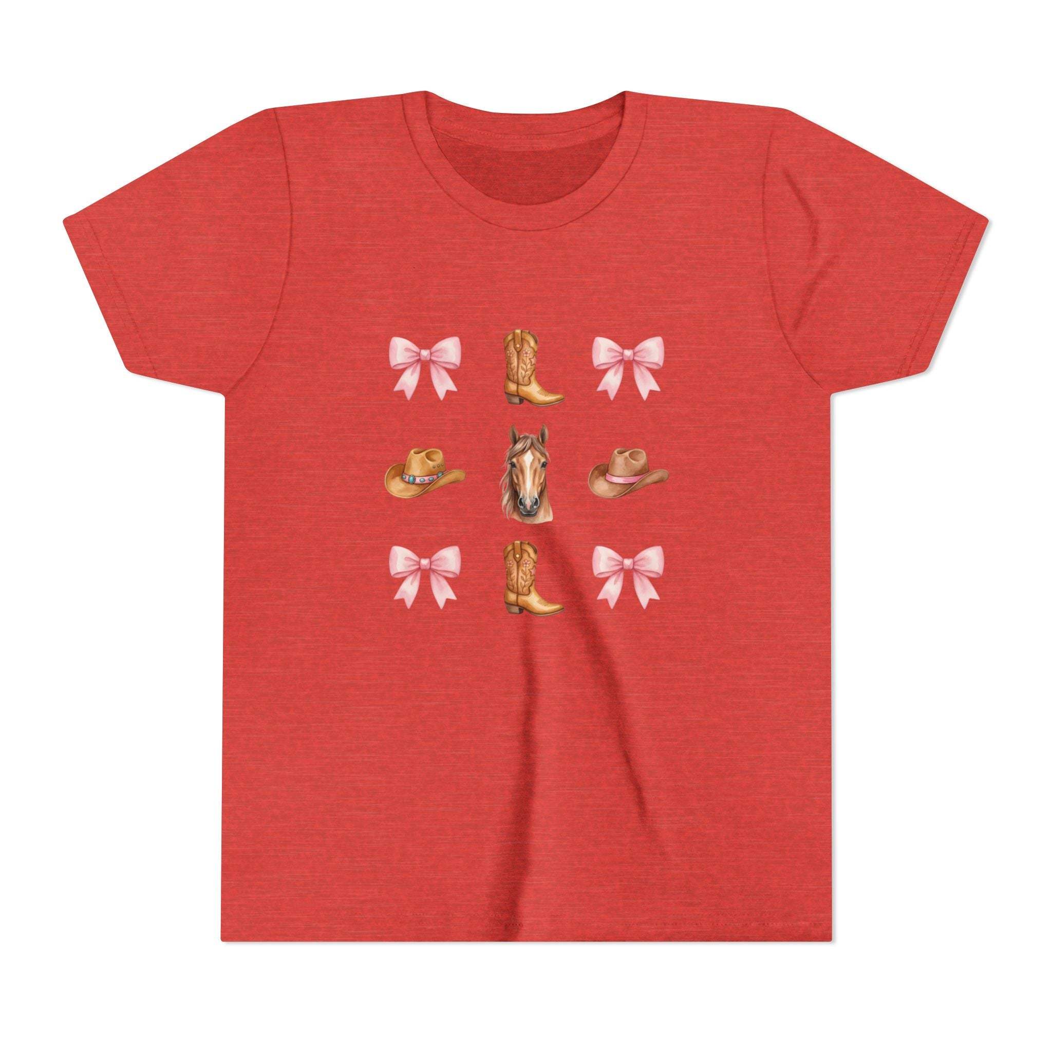 Youth pink t-shirt with cowboy horse, boots, pink bows, and Western hat design