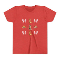 Youth pink t-shirt with cowboy horse, boots, pink bows, and Western hat design