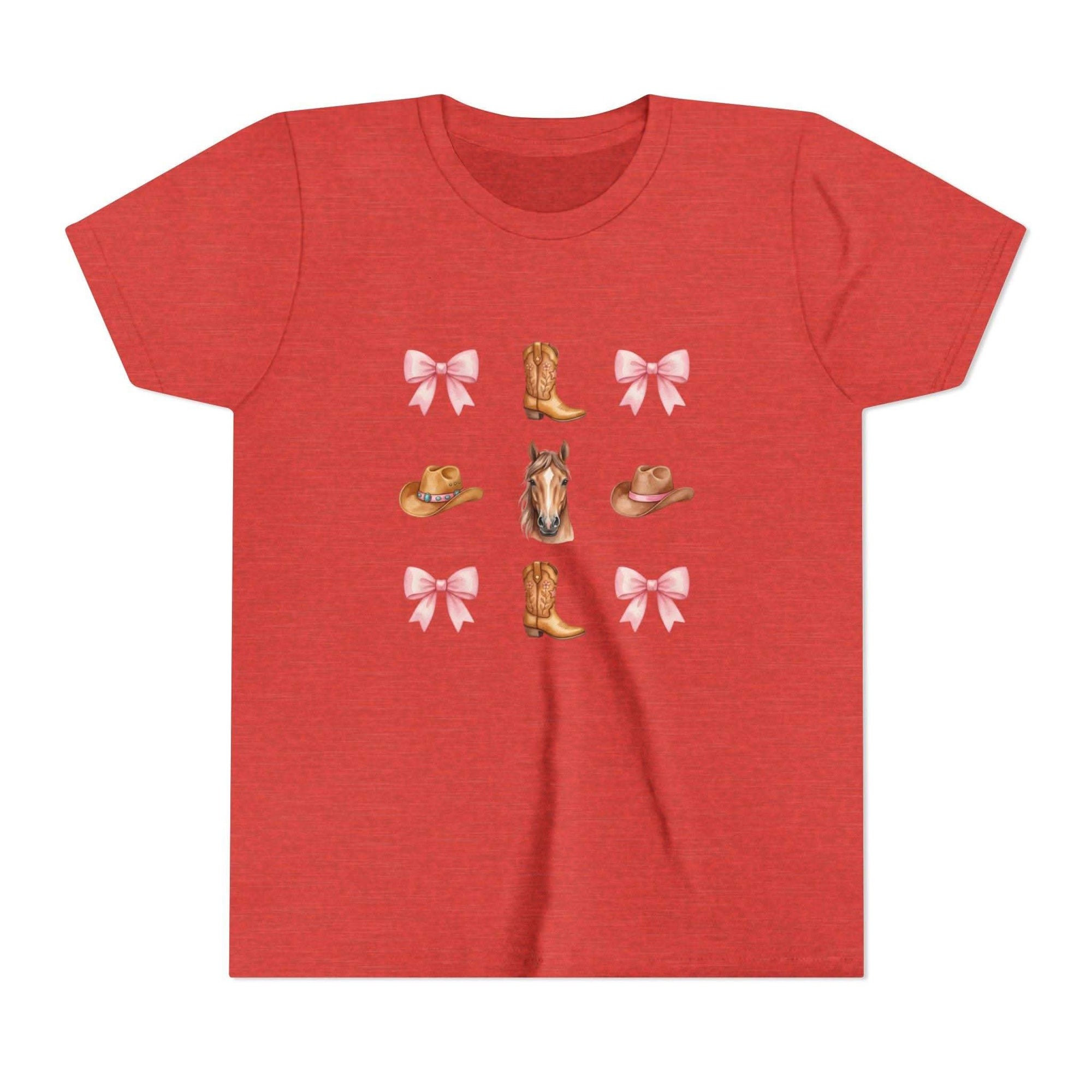 Youth pink t-shirt with cowboy horse, boots, pink bows, and Western hat design