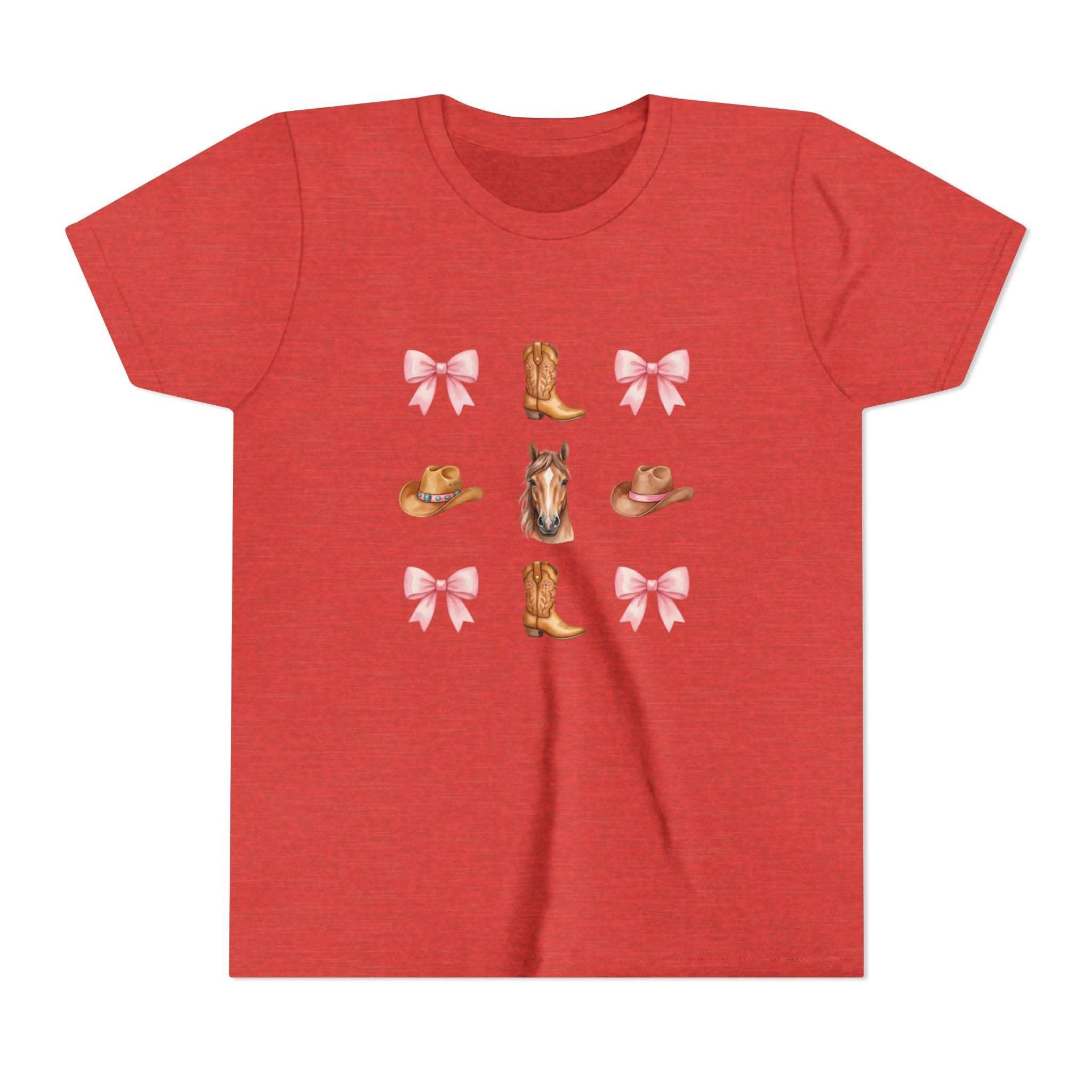 Youth pink t-shirt with cowboy horse, boots, pink bows, and Western hat design