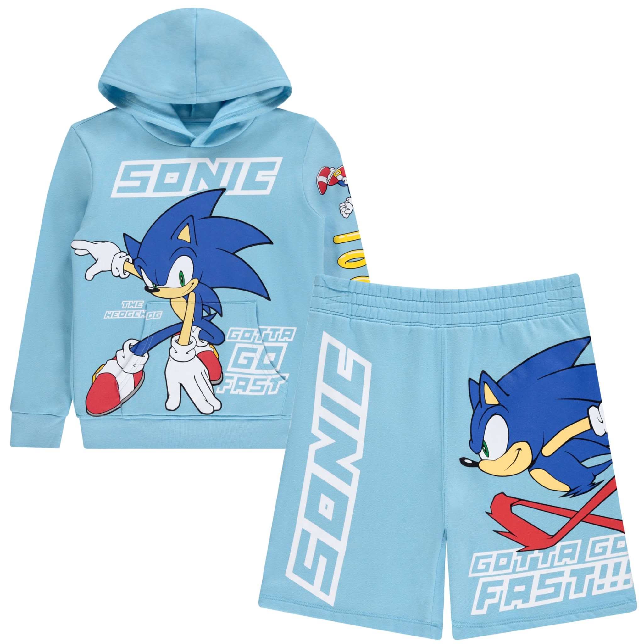 Boy wearing Sonic Adventure Boys Hoodie and shorts combo with Sonic-themed graphics