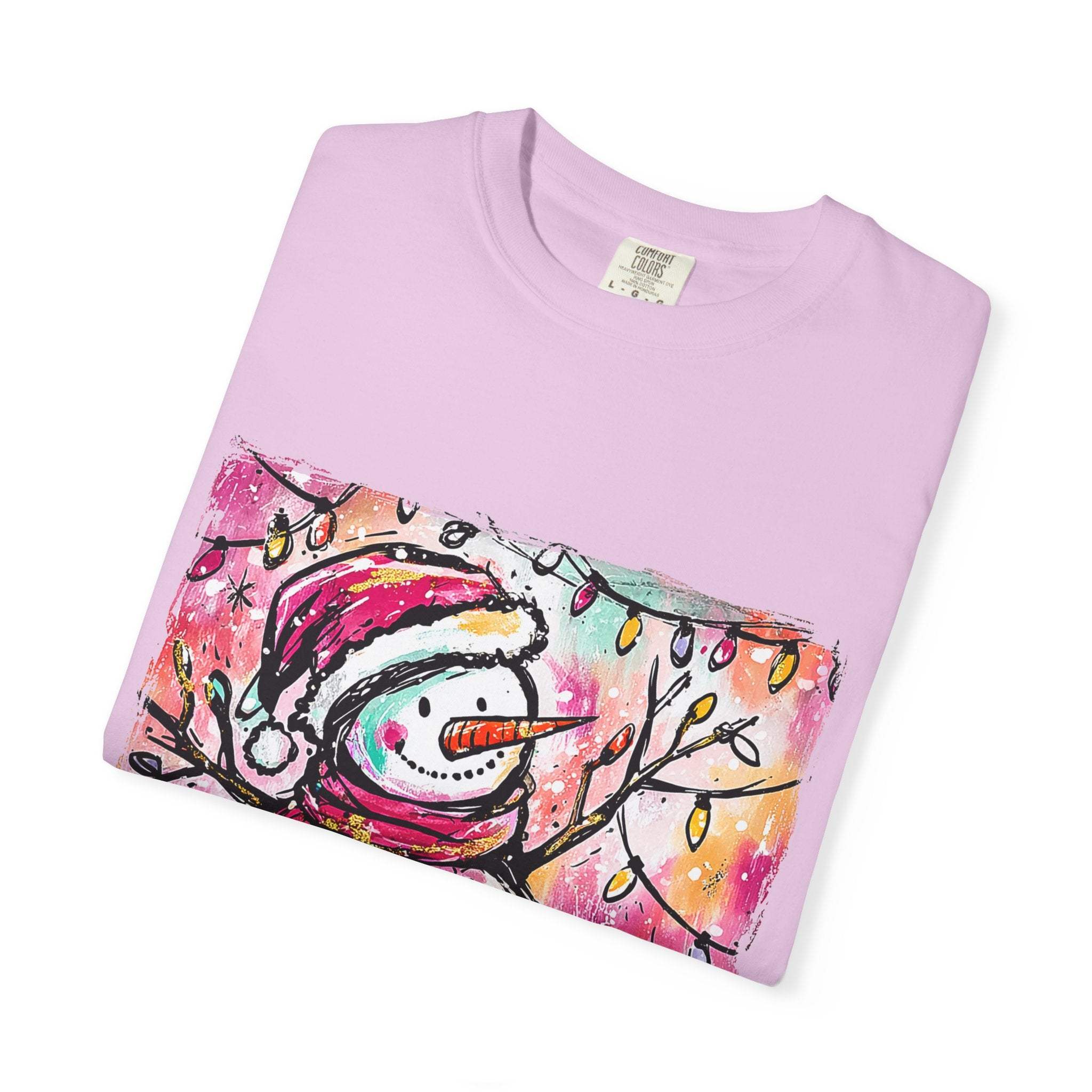 White unisex t-shirt featuring colorful disco ball snowman design, perfect for Christmas and dance parties by Printify