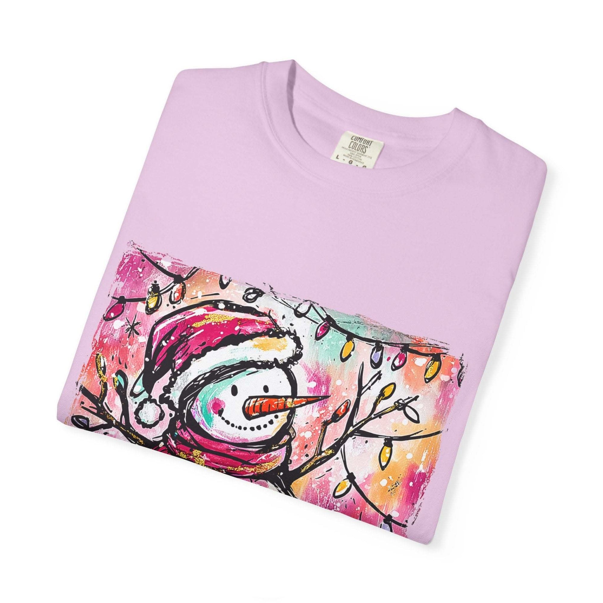 White unisex t-shirt featuring colorful disco ball snowman design, perfect for Christmas and dance parties by Printify