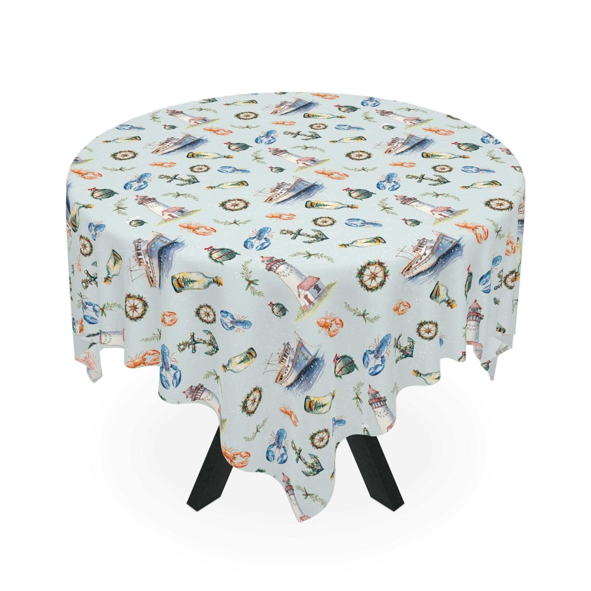 Merry Coastal Christmas tablecloth with vibrant beach-themed holiday prints on white polyester fabric covering round table