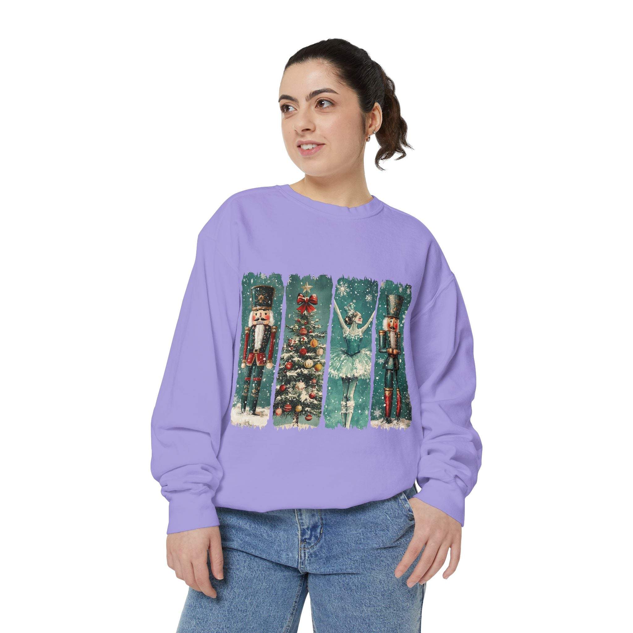 Woman wearing vintage Christmas nutcracker sweatshirt with festive holiday watercolor design