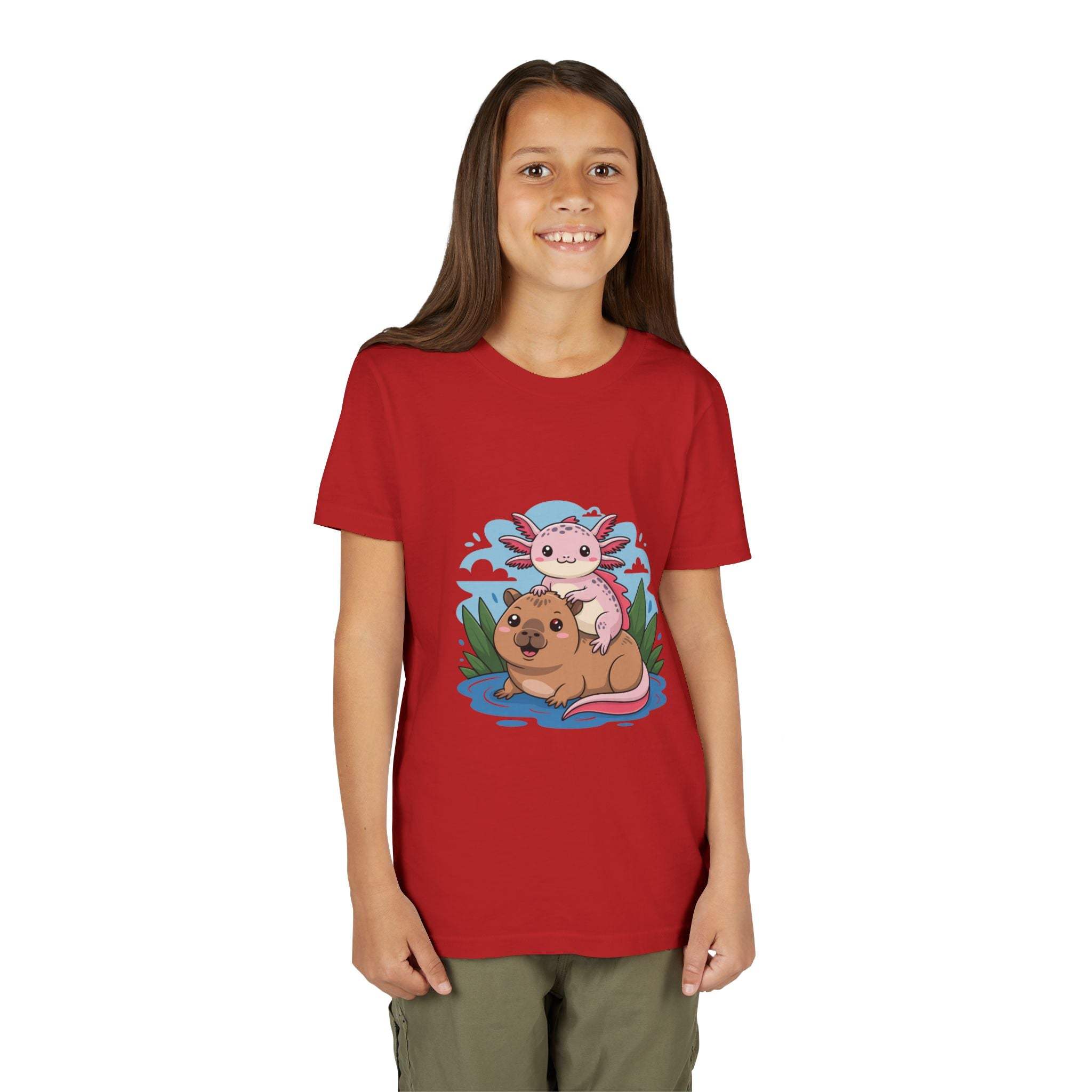Youth tee with axolotl on capybara design, soft breathable cotton, relaxed fit for kids