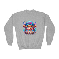 Moody Girl Highland Cow youth sweatshirt with cozy loose fit and embroidered cartoon cow design on gray fabric