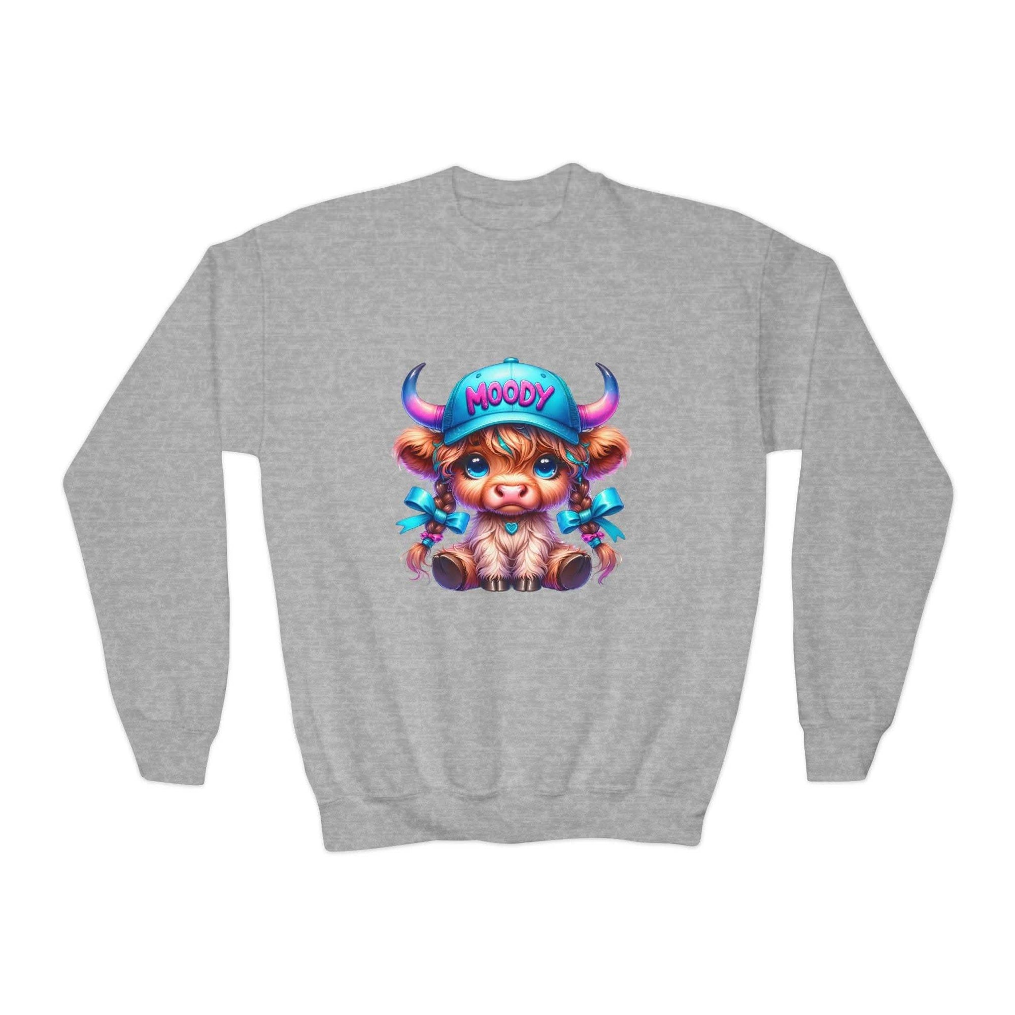 Moody Girl Highland Cow youth sweatshirt with cozy loose fit and embroidered cartoon cow design on gray fabric