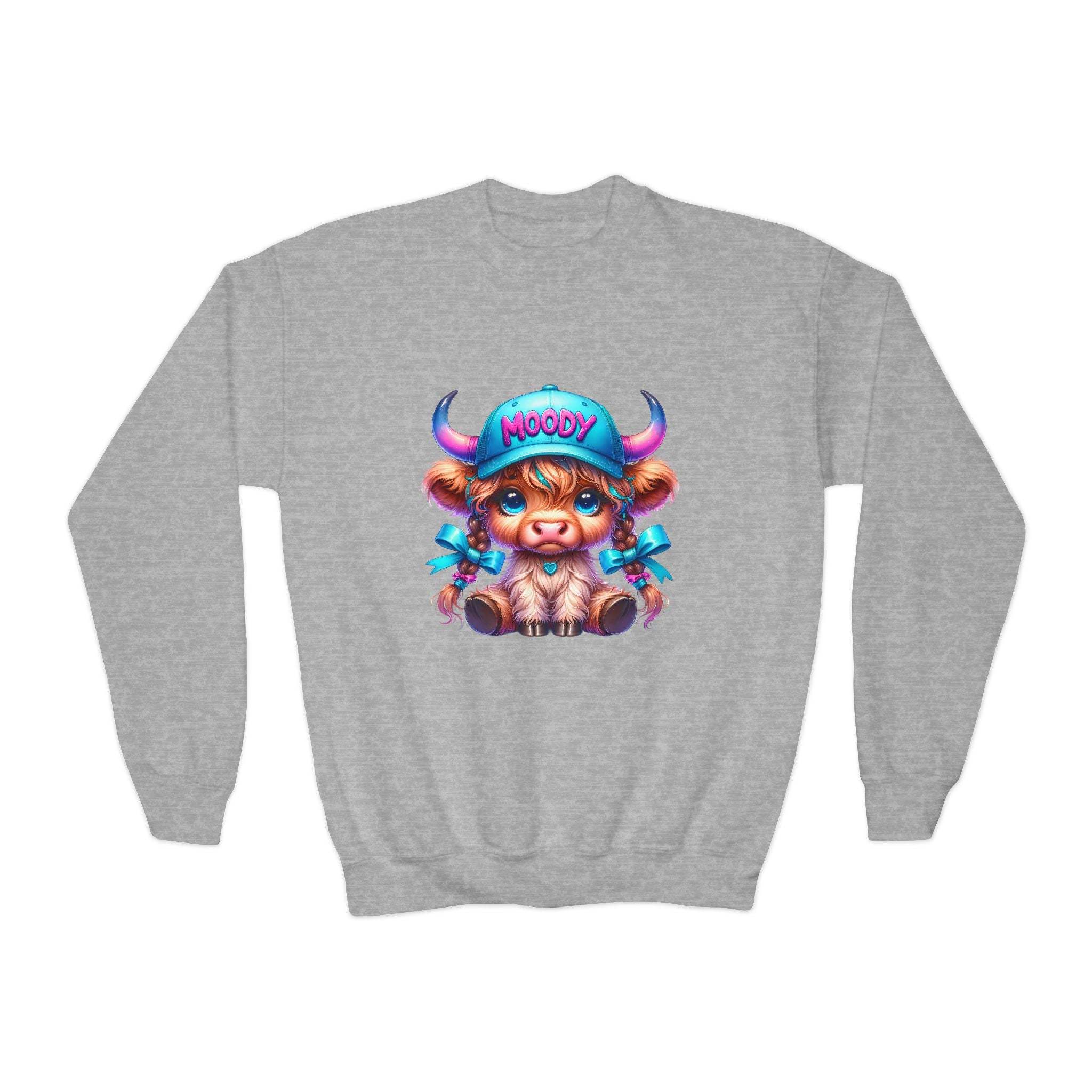 Maroon kids sweatshirt featuring a moody Highland cow design from Printify