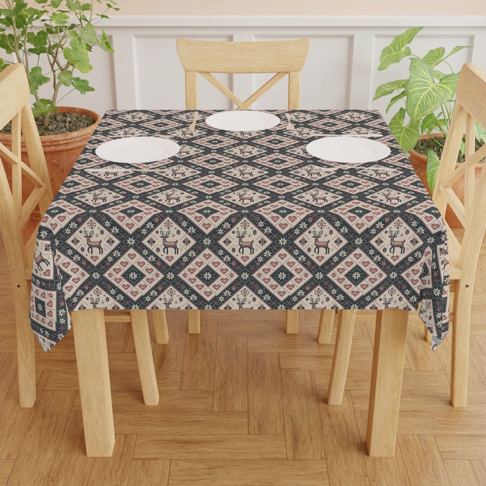 Tablecloth Winter Nordic Scandinavian with authentic winter patterns on a dining table