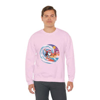 Navy Santa sweatshirt featuring a surfing design, perfect for holiday beachwear by Printify.