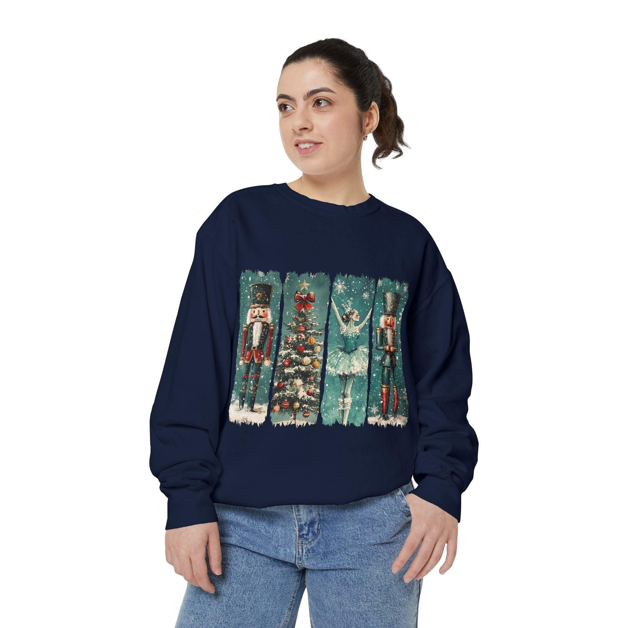 Woman wearing navy Vintage Christmas Nutcracker sweatshirt with watercolor nutcracker and holiday design