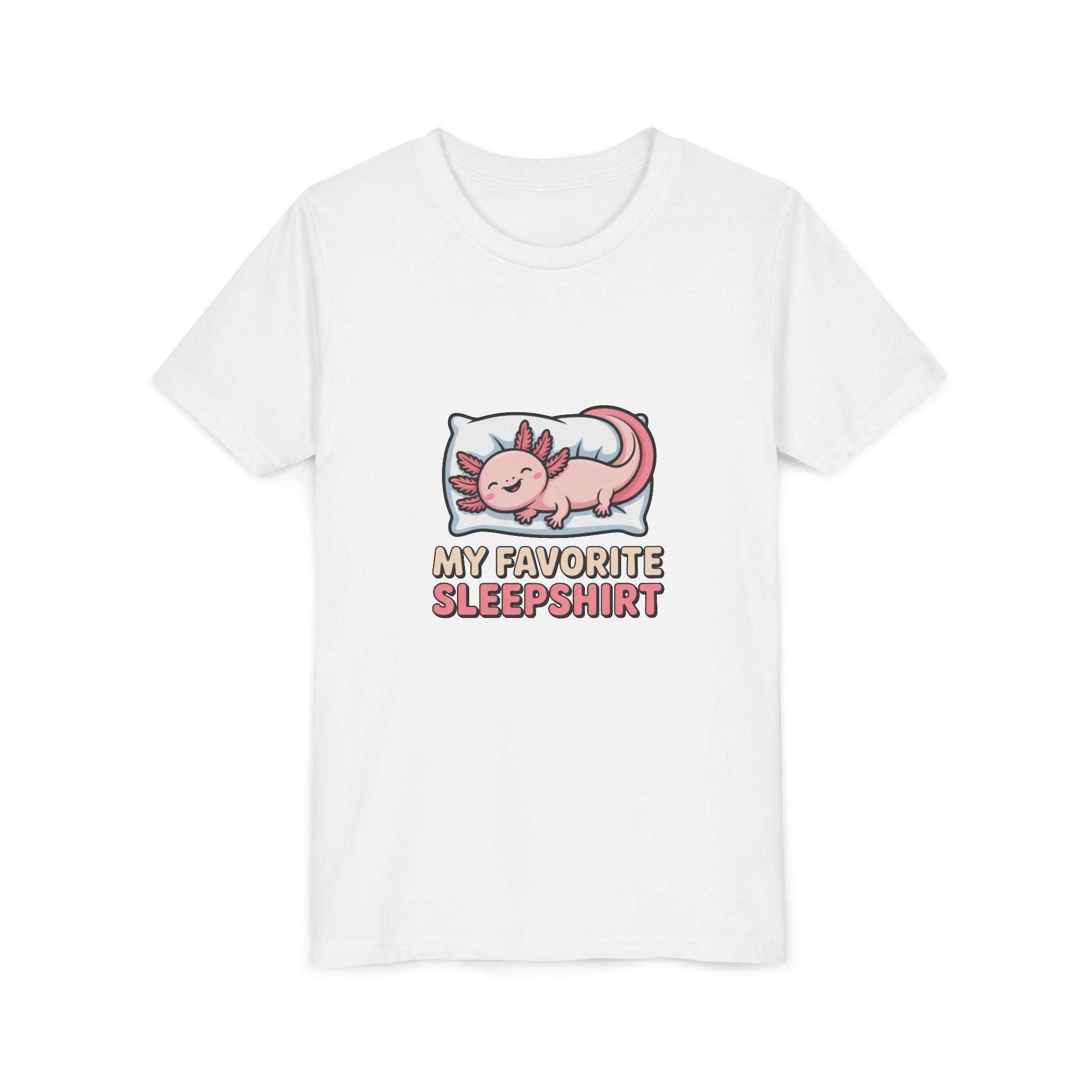 White youth tee with a cute sleepy axolotl illustration and "My Favorite Sleepshirt" text, breathable cotton fabric, perfect for kids' comfy wear