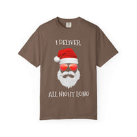Espresso cotton t-shirt featuring 'Santa I Deliver All Night Long' design by Printify, available in sizes S, M, L.