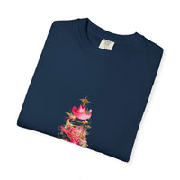 Pepper-colored cotton t-shirt featuring a festive cowgirl Christmas tree design by Printify