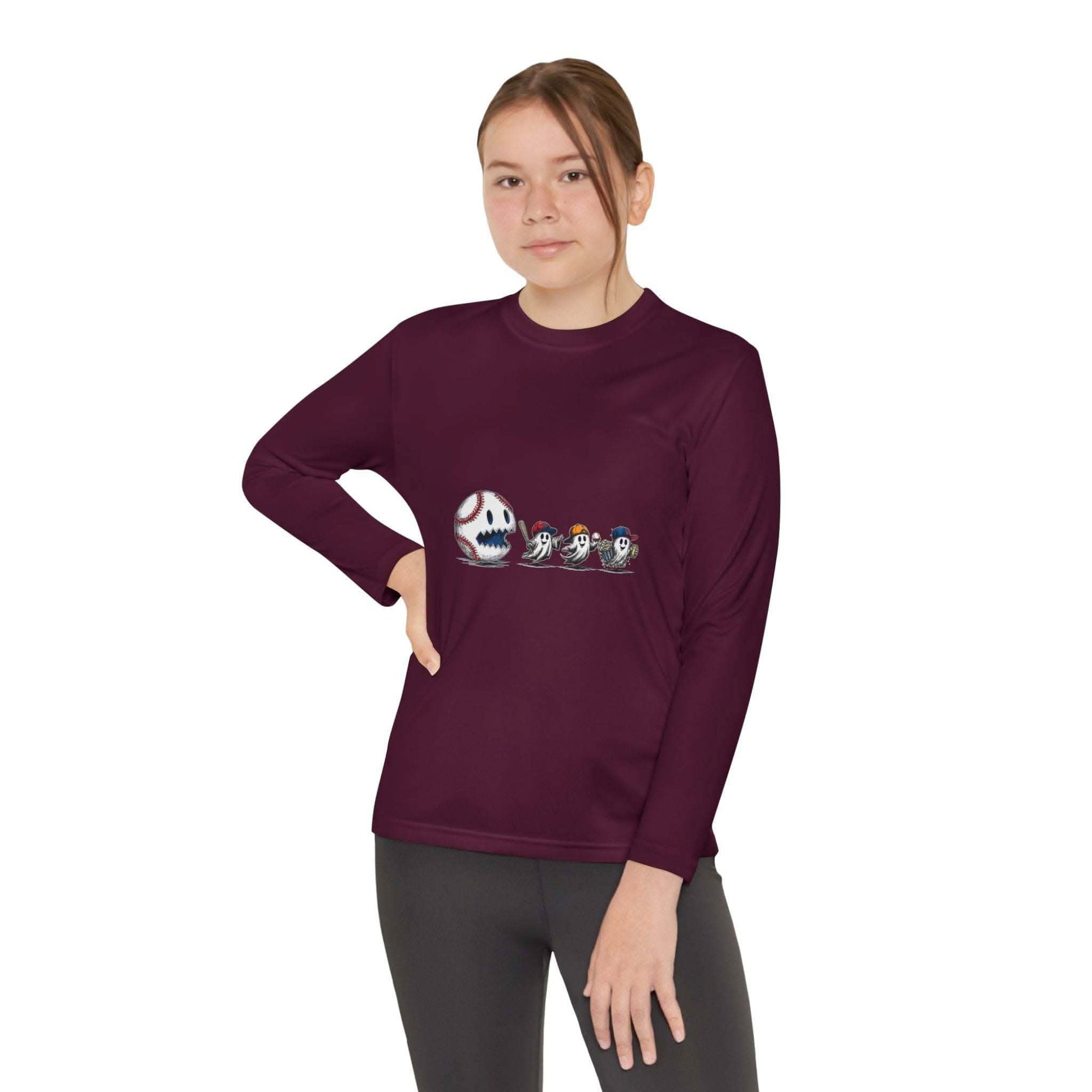 Youth tee long sleeve with baseball eating Halloween ghosts graphic design in dark purple for kids