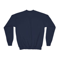 Navy youth crewneck sweatshirt featuring 'Making a List Chicken it Twice' graphic by Printify