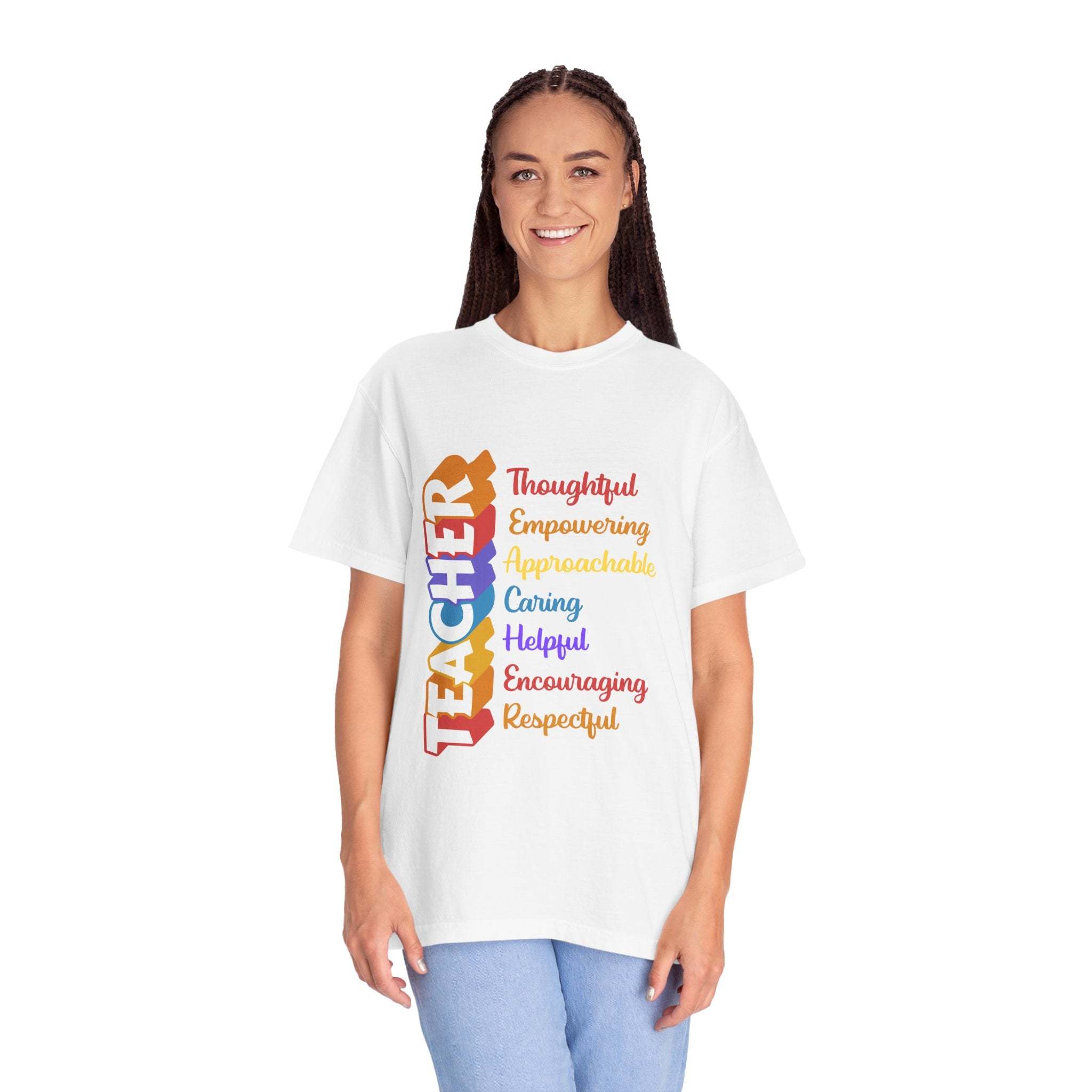 Woman wearing white Teacher Acronym Appreciation T-Shirt with colorful inspirational words design