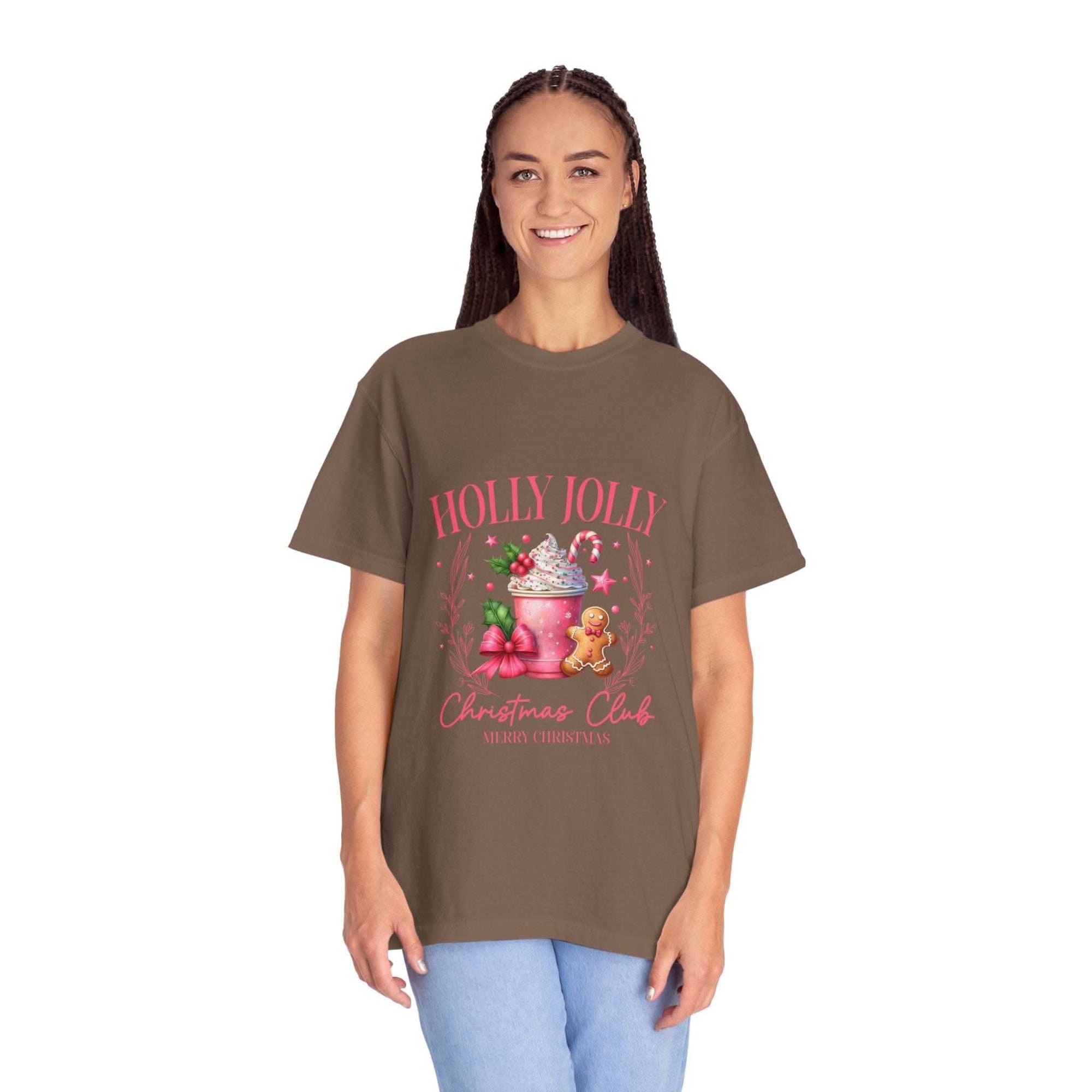 Unisex garment-dyed black Christmas t-shirt with 'Holly Jolly Christmas Club' design by Printify