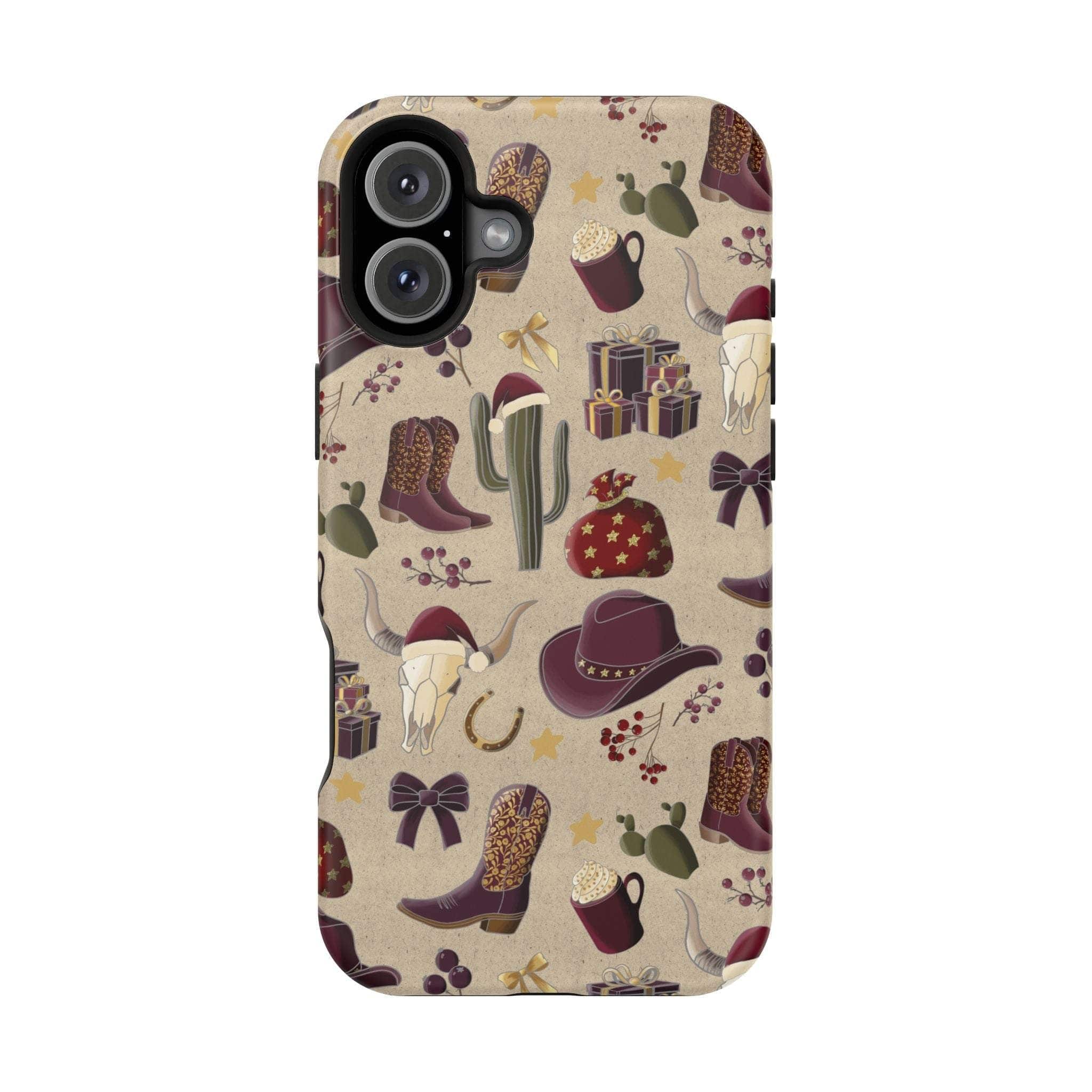 Cowboy Christmas design phone case for iPhone 17 in glossy finish by Printify, featuring festive colors and patterns.