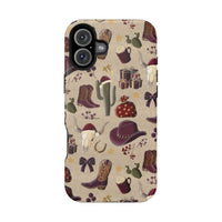 Cowboy Christmas design phone case for iPhone 17 in glossy finish by Printify, featuring festive colors and patterns.