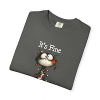 Folded dark gray t-shirt with a cartoon cat and 'It's Fine' text on a white background
