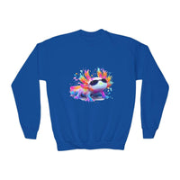 Maroon Rainbow Axolotl sweatshirt for kids by Printify, featuring a colorful axolotl design