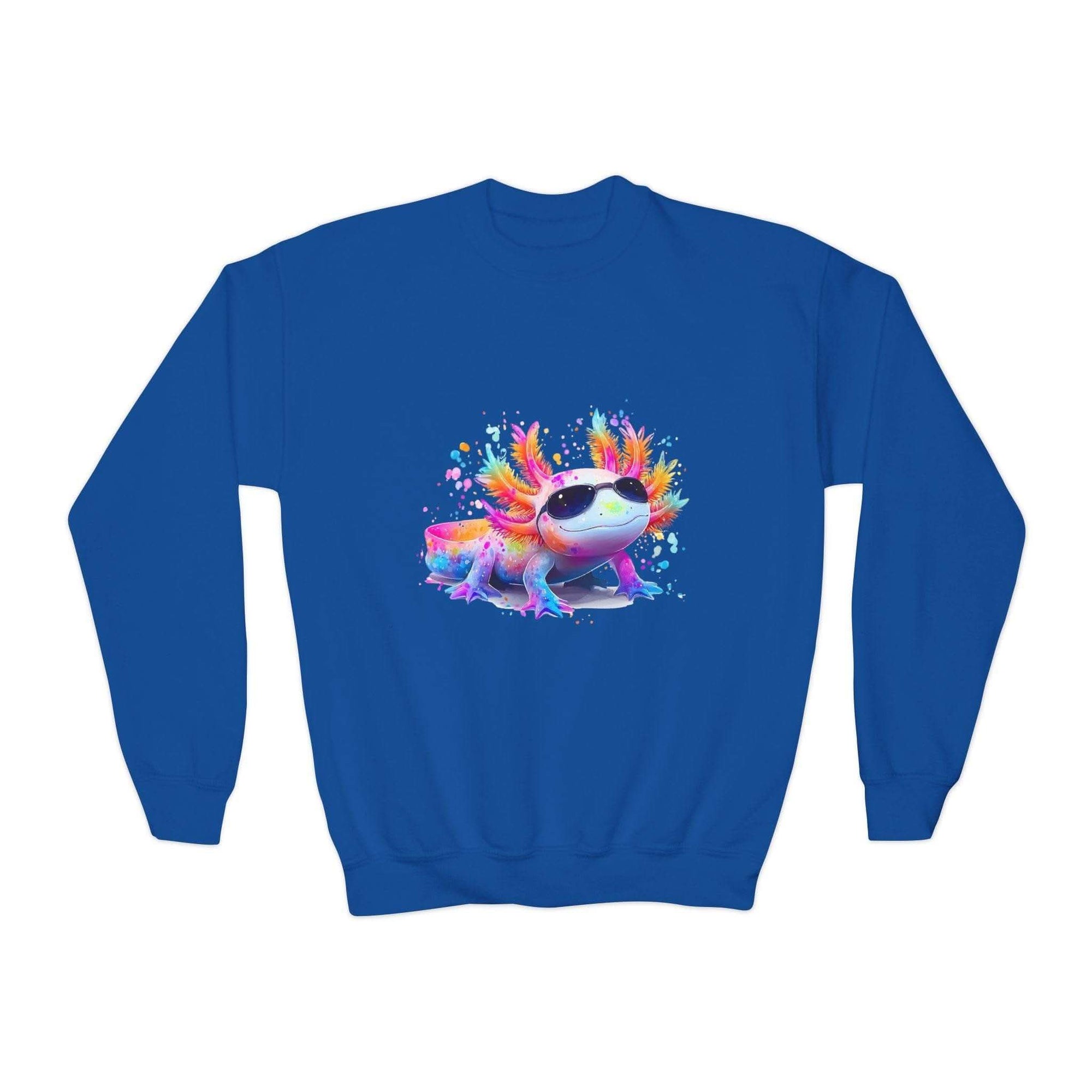 Maroon Rainbow Axolotl sweatshirt for kids by Printify, featuring a colorful axolotl design