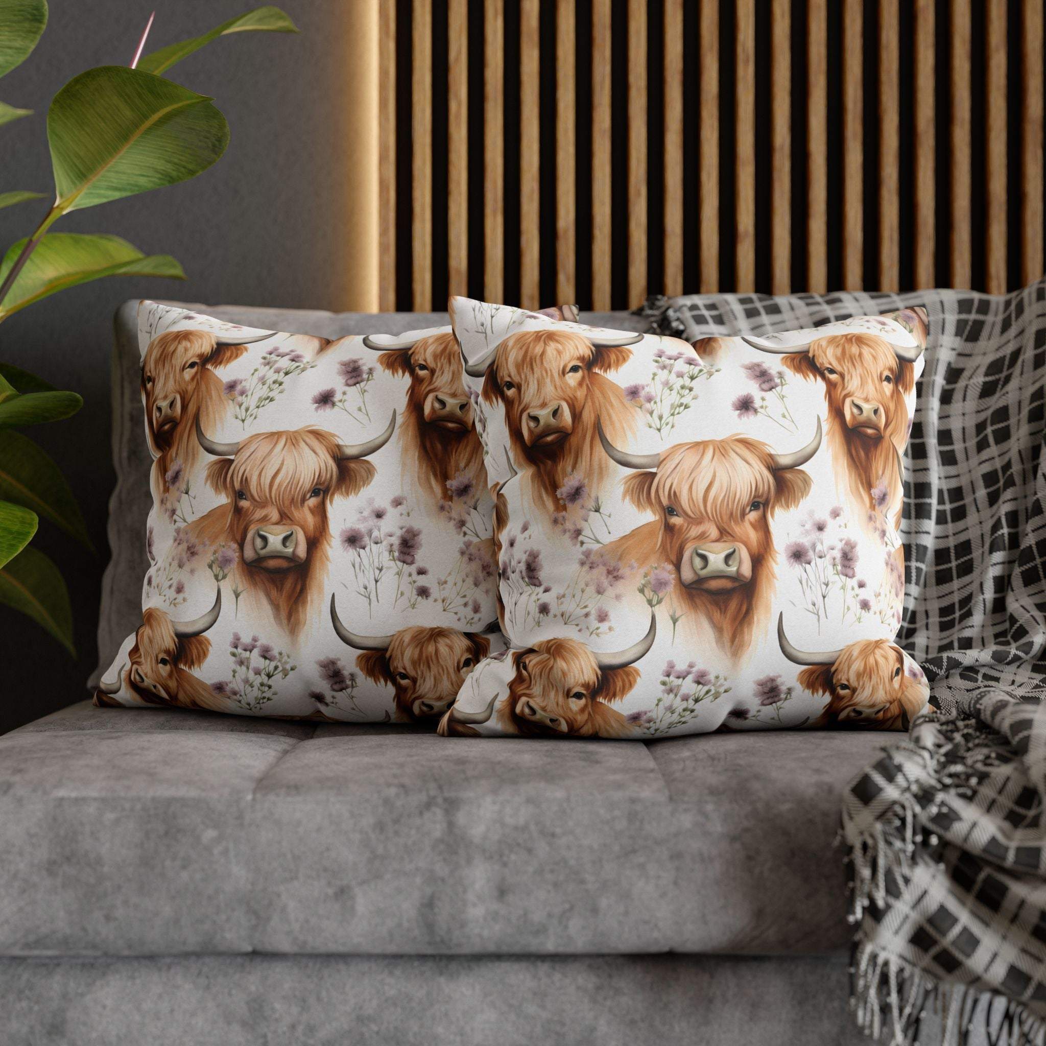 Floral Highland Cow decorative pillowcase with delicate blooms and double-sided print